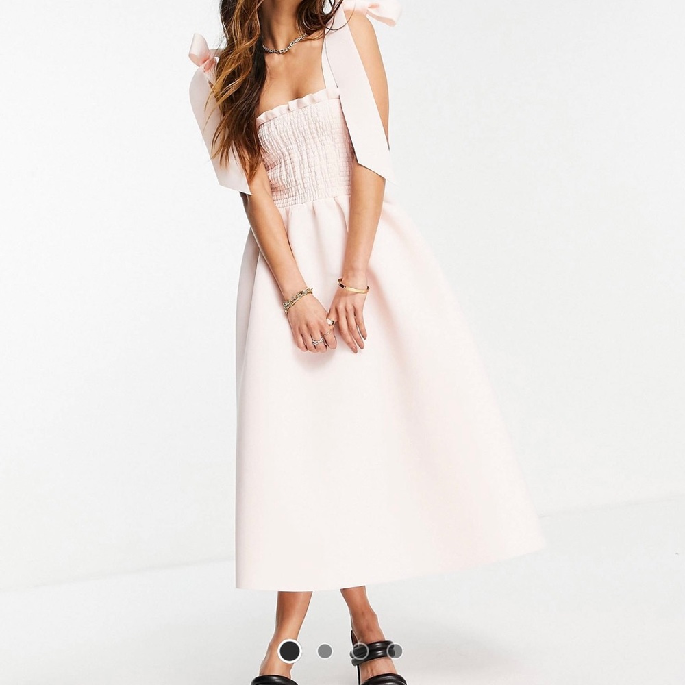ASOS | Shirred Bunny Tie Midi Dress | Pink | Large | NWT